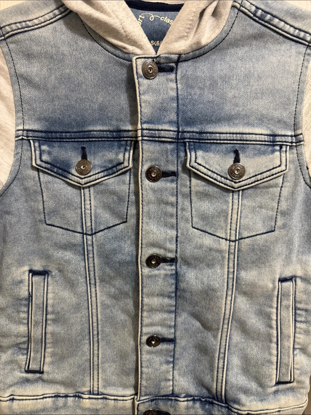 Children’s Denim Art Class Denim Jacket Fleece Sleeves Hood Button Up Small 6-7